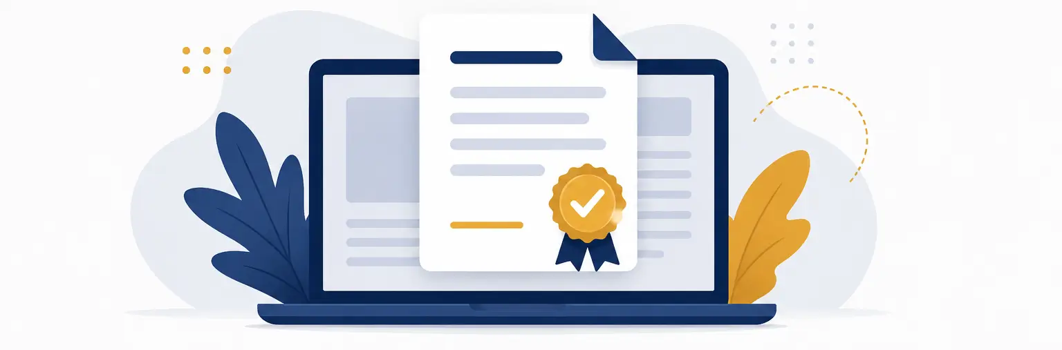 Ilustración de un documento de certificado sobre una laptop