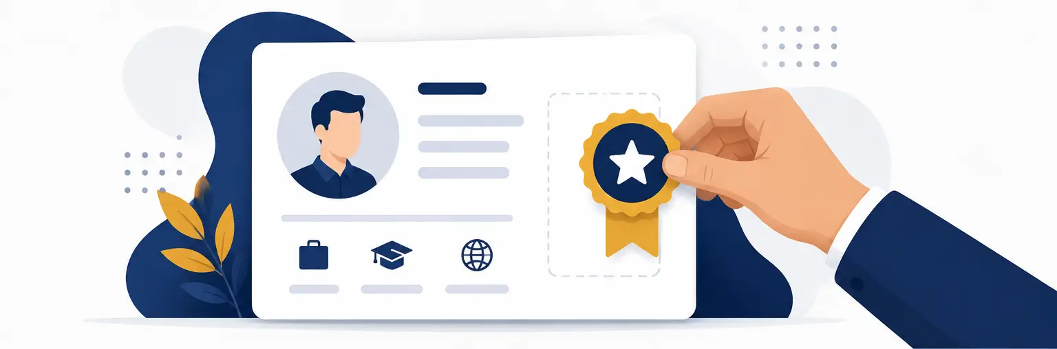 Illustration of a certificate badge being added to a profile card